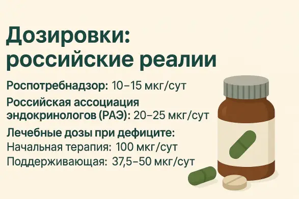 Роспотребнадзор и Минздрав рекомендуют минимальные дозировки для профилактики дефицита, тогда как Эндокринологическое общество ориентируется на оптимальные уровни для поддержания здоровья — отсюда разница в цифрах.
