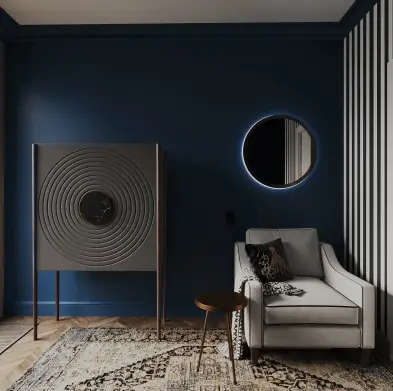 Круглое зеркало с объемной рамой — прямая, но аккуратная отсылка к корабельному иллюминатору