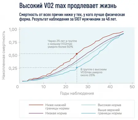 На момент включения в исследование у участников (мужчины 40-59 лет) не было сердечно-сосудистых заболеваний. Участников разбили на четыре группы по уровню VO2 max. По мере наблюдения участники уходили из жизни: 0,25 на левой шкале означает, что умерло 25% от группы. Источник: Clausen, J.S.R. et al., 2018
