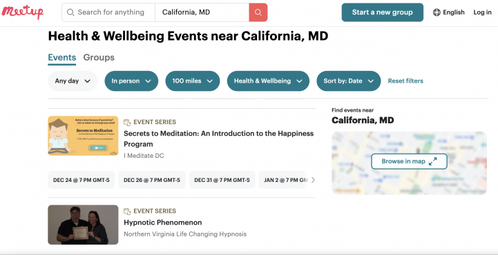 Meetup предлагает выбирать события по дате, локации, месту проведения (онлайн, офлайн, в помещении, на открытом воздухе) и тематике. 