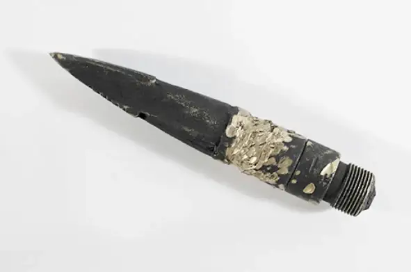 Наконечник взрывного гарпуна, извлеченный из гренландского кита, добытого инупиатскими охотниками у Барроу на Аляске в 2007 году. По форме и маркировке установили, что гарпун изготовили в Нью-Бедфорде, штат Массачусетс, примерно между 1885 и 1895 годом — значит, кит пережил атаку китобоев более чем за сто лет до своей гибели.