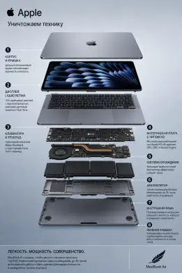 Мы применили этот промпт к редакционному Macbook Air и мгновенно получили такую разборку с подписями. 