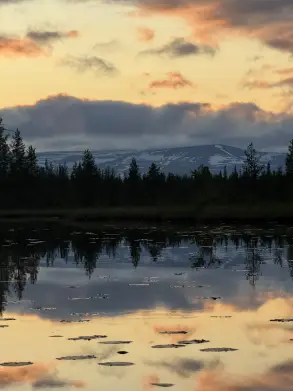 Закат в час ночи на реке Воронья, вдалеке — снежные вершины Хибин