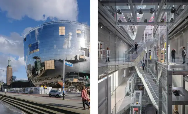 Через стеклянные стены хранилища видны картины на стеллажах. На проект здания в форме чаши архиткеторов нидерландского бюро MVRDV вдохновила алюминиевая салатница IKEA, стоявшая на столе во время обсуждения идей.