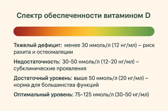 Согласно международным рекомендациям, тяжелым дефицитом считается уровень 25(OH)D — маркера витамина D — ниже 30 нмоль/л, а оптимальным — диапазон от 75 до 125 нмоль/л. 